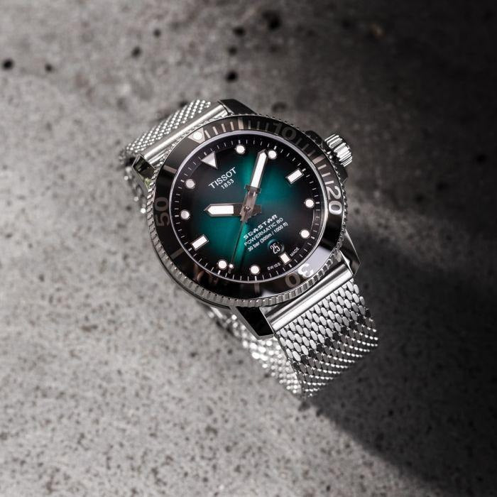 Tissot Seastar 1000 Powermatic 80 Automatic Green Dial Silver Mesh Strap Watch for Men - T120.407.11.091.00