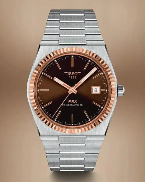 Tissot PRX Powermatic 80 18K Gold Brown Dial Silver Steel Strap Watch for Men - T931.407.41.291.00