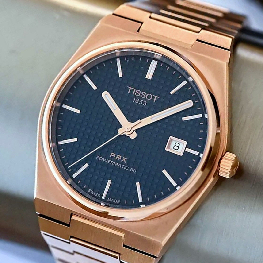 Tissot PRX Powermatic 80 Blue Dial Rose Gold Steel Strap Watch for Men - T137.407.33.041.00
