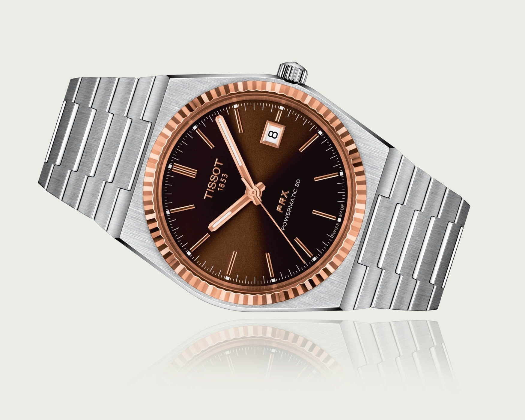 Tissot PRX Powermatic 80 18K Gold Brown Dial Silver Steel Strap Watch for Men - T931.407.41.291.00