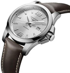Longines Conquest Automatic Stainless Steel Brown Leather Strap Silver Dial Date Mens Watch L3.778.4.76.5