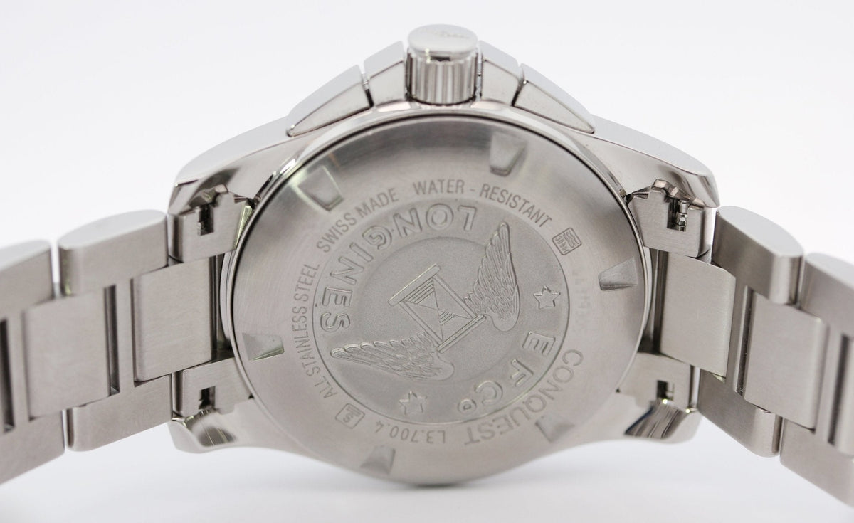 Longines Conquest Chronograph Stainless Steel Black Dial Date Divers Quartz Mens Watch L3.700.4.56.6