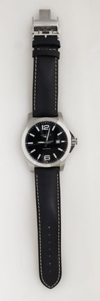 Longines Conquest Stainless Steel Black Dial Black Leather Strap Date Divers Quartz Mens Watch L3.760.4.56.3