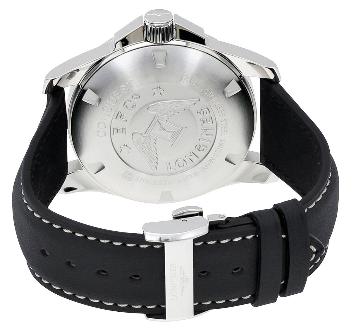 Longines Conquest Stainless Steel Black Dial Black Leather Strap Date Divers Quartz Mens Watch L3.760.4.56.3