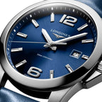 Longines Conquest Stainless Steel Blue Dial Blue Leather Strap Date Divers Quartz Mens Watch L3.760.4.96.0