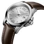 Longines Conquest Stainless Steel Silver Dial Brown Leather Strap Date Divers Quartz Mens Watch L3.759.4.76.5