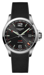 Longines Conquest V.H.P. GMT Stainless Steel Black Dial Black Rubber Strap Perpetual Calendar Date Quartz Mens Watch L3.728.4.56.9