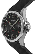 Longines Conquest V.H.P. GMT Stainless Steel Black Dial Black Rubber Strap Perpetual Calendar Date Quartz Mens Watch L3.728.4.56.9