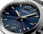 Longines Conquest V.H.P. GMT Stainless Steel Blue Dial Perpetual Calendar Date Quartz Mens Watch L3.728.4.96.6