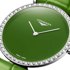 Longines La Grande Classique Monochrome Stainless Steel Green Dial Green Leather Strap Diamonds Quartz Womens Watch L4.523.0.60.2