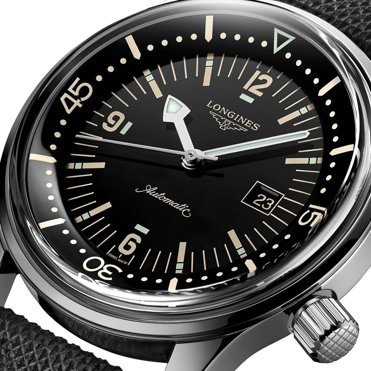 Longines Legend Diver Automatic Stainless Steel Black Dial Black Fabric Strap Date Divers Unisex Watch L3.374.4.50.0