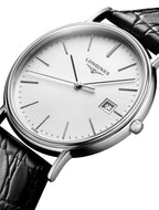 Longines Presence Stainless Steel White Dial Black Leather Strap Date Quartz Mens Watch L4.790.4.12.2
