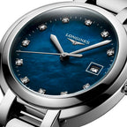 Longines PrimaLuna Stainless Steel Blue Mother-Of-Pearl Dial Diamonds Date Quartz Womens Watch L8.122.4.98.6
