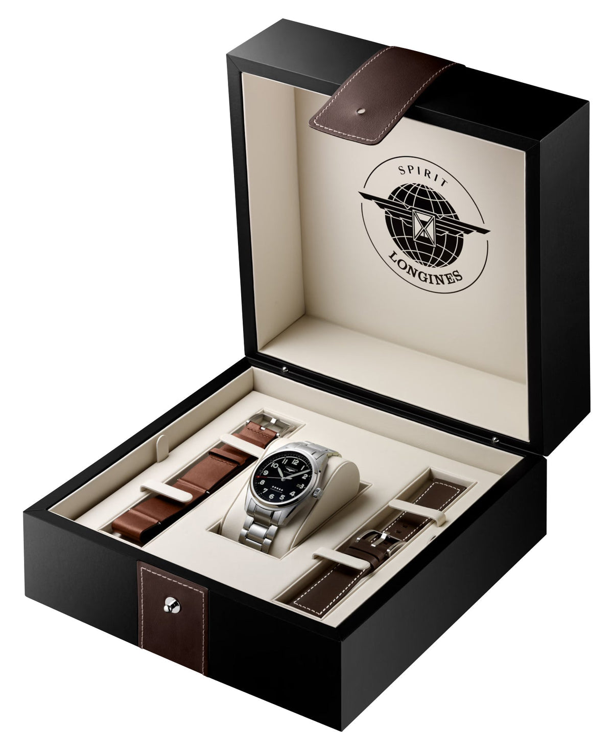 Longines Spirit Prestige Edition Automatic COSC Stainless Steel Black Dial Interchangeable Brown Leather/NATO Strap Date Mens Watch L3.811.4.53.9