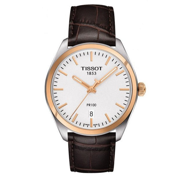 Tissot T Classic PR 100 Quartz White Dial Brown Leather Strap Watch for Men - T101.410.26.031.00