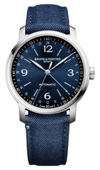 Special Edition Baume & Mercier Classima Automatic GMT Stainless Steel Blue Dial Blue Fabric Interchangeable Black Leather Strap Mens Watch M0A10734