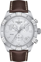 Tissot PR 100 Sport Quartz Chronograph Silver Dial Brown Leather Strap Watch For Men - T101.617.16.031.00