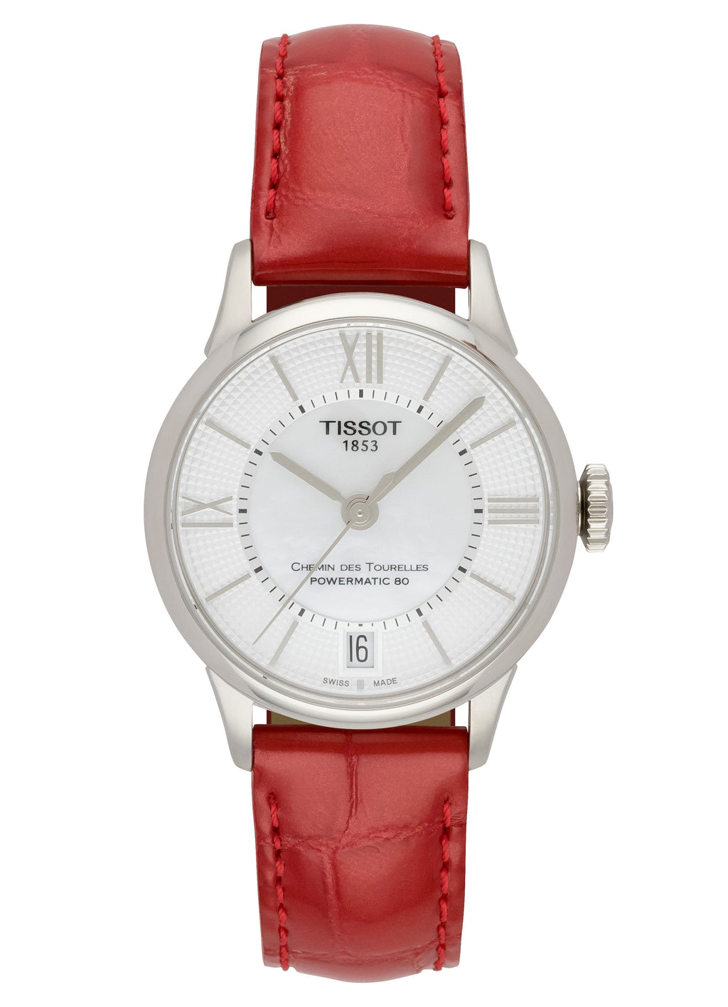 Tissot Chemin Des Tourelles Automatic Mother of Pearl White Dial Red Leather Strap Watch For Women - T099.207.16.118.00