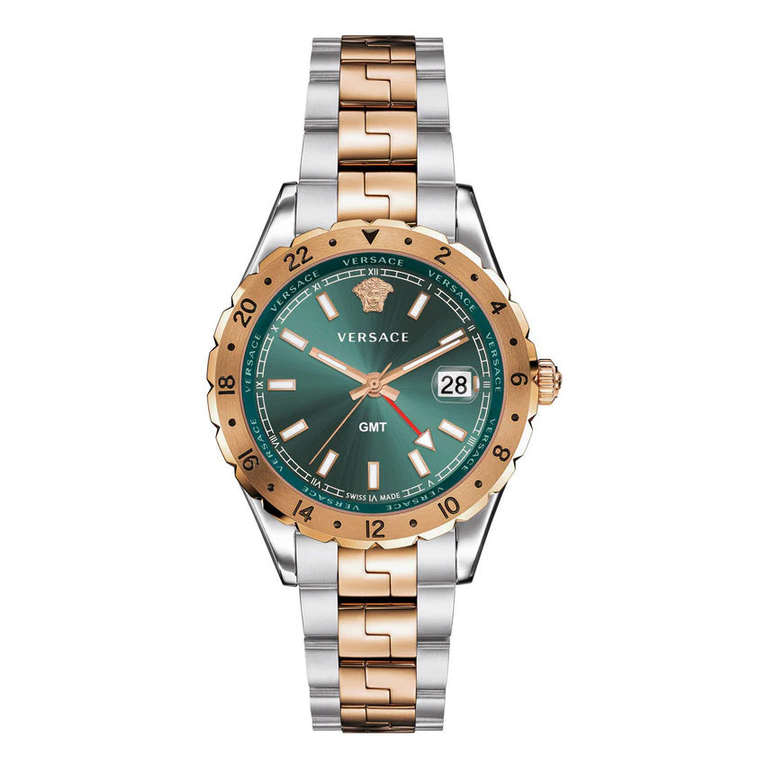 Versace Men's Watch Hellenyium GMT Green Two-Tone Rose Gold Bracelet
