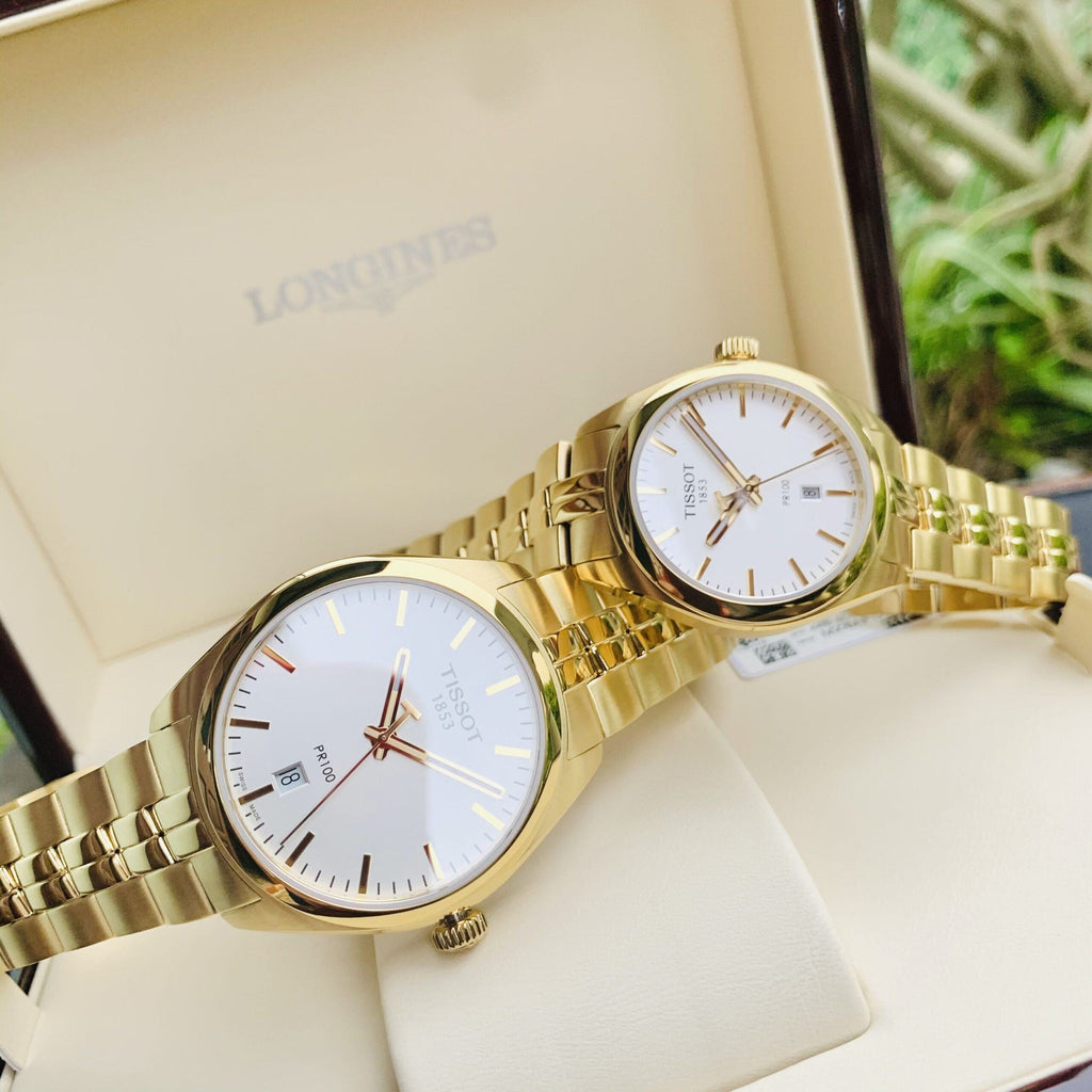 Tissot T Classic PR 100 Quartz White Dial Gold Steel Strap Watch for Men - T101.410.33.031.00