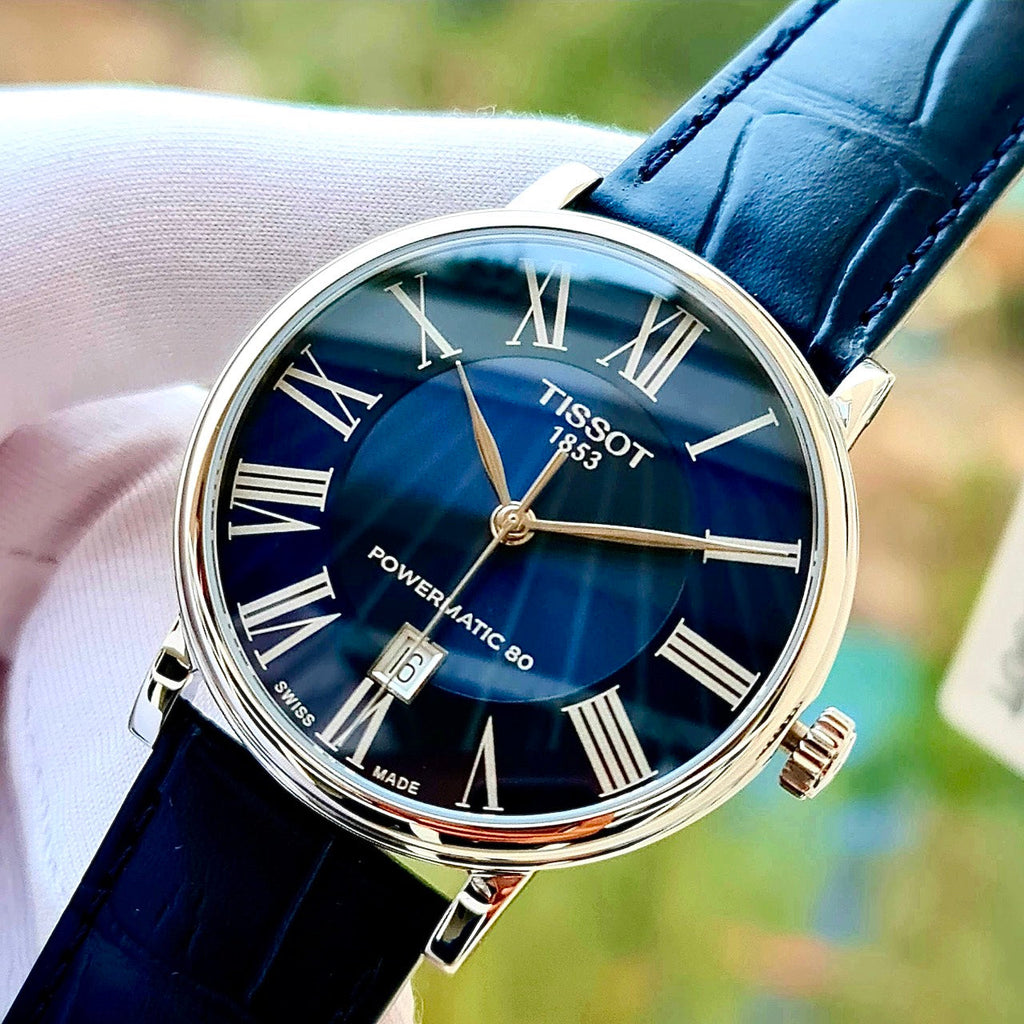 Tissot Carson Premium Powermatic 80 Blue Dial Blue Leather Strap Watch For Men - T122.407.16.043.00